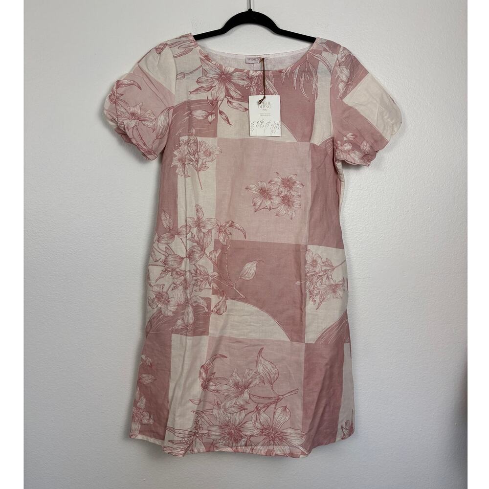 NWT Spighe Di Lino Floral Blush Checkered Linen Blend Shirt Dress Medium